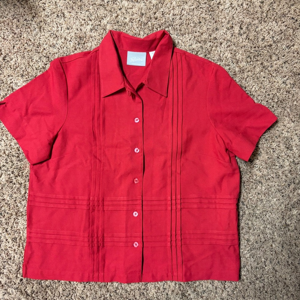Blair‎ Women Red Short Sleeve Collared Button Front Pleated Blouse Top Medium